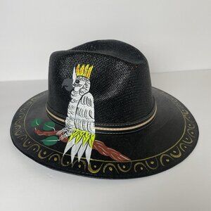 Hand Painted Hat Made in Mexico Cockatoo Bird Brimmed Hat Folk Art Wearable Art